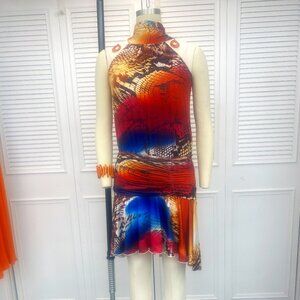 Dance America 1920 Style Flapper Dress , Orange Multicolor print  full skirt